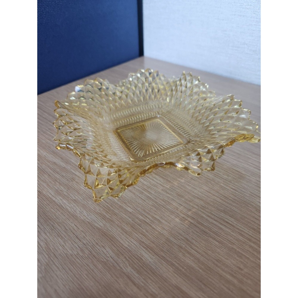 Vintage Federal Glass Pressed Square Candy Dish‎ Ruffled Edge Diamond Yellow